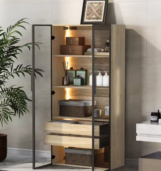 Lazyspace Boekenkast met 2 Glazen Deuren & 2 Lades – Vloer- of Muurkast met LED