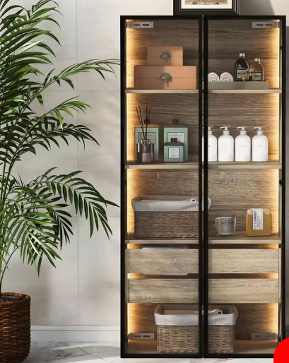 Lazyspace Boekenkast met 2 Glazen Deuren & 2 Lades – Vloer- of Muurkast met LED