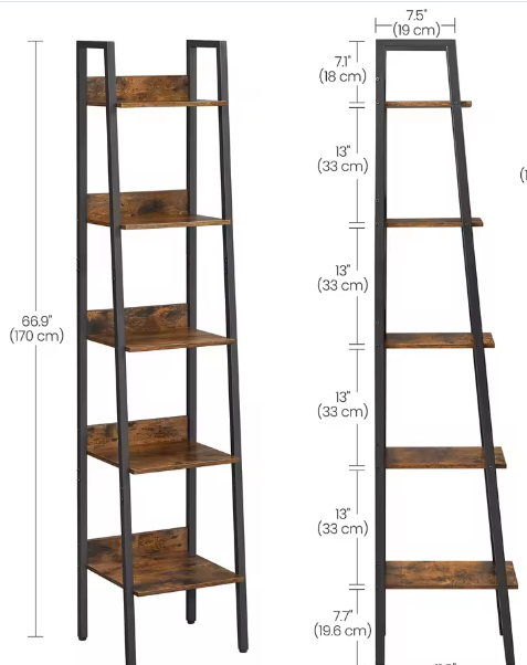 Smalle Boekenkast met 5 Planken – Metalen Frame & Houten Opbergplanken, 30x33,8x170 cm