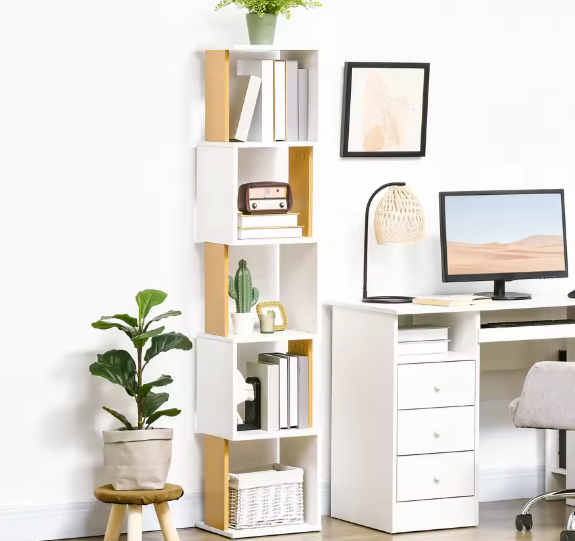 Boekenkast S-Vorm – 5 Planken Houten Opbergrek voor Woonkamer en Kantoor