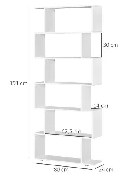S-vormige Boekenkast – 6 Houten Planken, Modern Opbergrek 80x24x191 cm