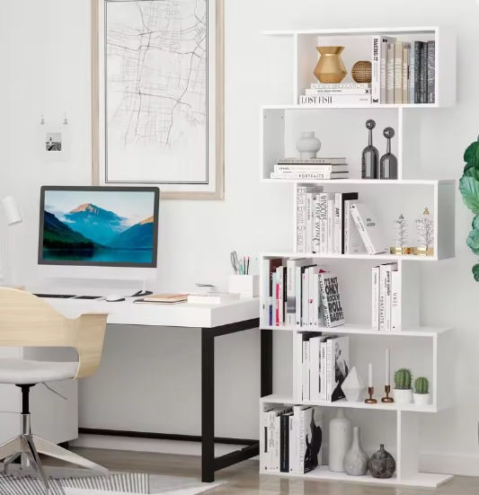 S-vormige Boekenkast – 6 Houten Planken, Modern Opbergrek 80x24x191 cm
