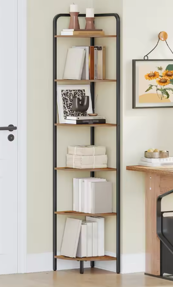 Hzuaneri Hoekplankstandaard – 6 Niveaus Open Boekenkast met Metalen Frame