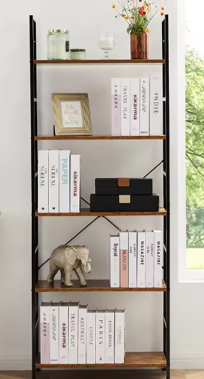 Boekenkast met 5 Planken – Moderne Metalen & Houten Opbergkast voor Boeken, Planten en Decoratie – Ruimtebesparende Organizer voor Woonkamer, Slaapkamer of Kantoor