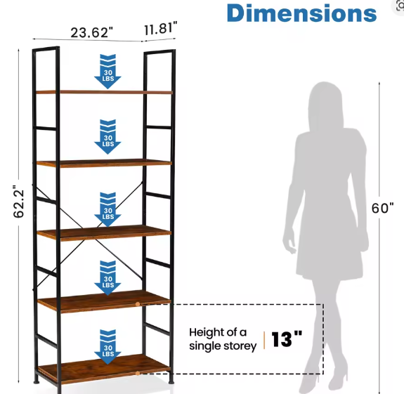 Boekenkast met 5 Planken – Moderne Metalen & Houten Opbergkast voor Boeken, Planten en Decoratie – Ruimtebesparende Organizer voor Woonkamer, Slaapkamer of Kantoor