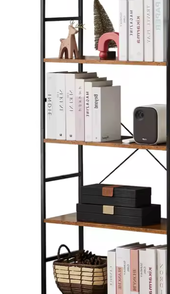 Boekenkast met 5 Planken – Moderne Metalen & Houten Opbergkast voor Boeken, Planten en Decoratie – Ruimtebesparende Organizer voor Woonkamer, Slaapkamer of Kantoor