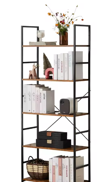 Boekenkast met 5 Planken – Moderne Metalen & Houten Opbergkast voor Boeken, Planten en Decoratie – Ruimtebesparende Organizer voor Woonkamer, Slaapkamer of Kantoor