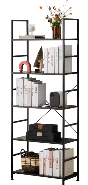 Boekenkast met 5 Planken – Moderne Metalen & Houten Opbergkast voor Boeken, Planten en Decoratie – Ruimtebesparende Organizer voor Woonkamer, Slaapkamer of Kantoor