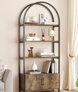 Boekenkast met Deur – Moderne Hoge Kast met 4 Open Planken & Gesloten Opbergvak, Stijlvol Design voor Woonkamer, Slaapkamer of Kantoor
