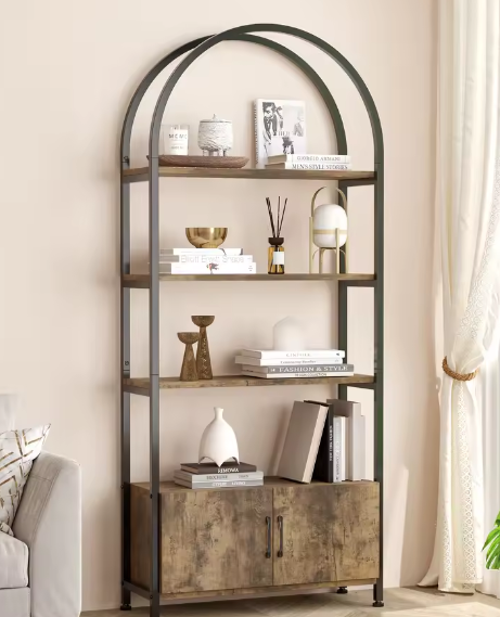 Boekenkast met Deur – Moderne Hoge Kast met 4 Open Planken & Gesloten Opbergvak, Stijlvol Design voor Woonkamer, Slaapkamer of Kantoor