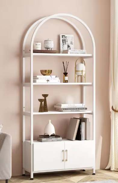 Boekenkast met Deur – Moderne Hoge Kast met 4 Open Planken & Gesloten Opbergvak, Stijlvol Design voor Woonkamer, Slaapkamer of Kantoor