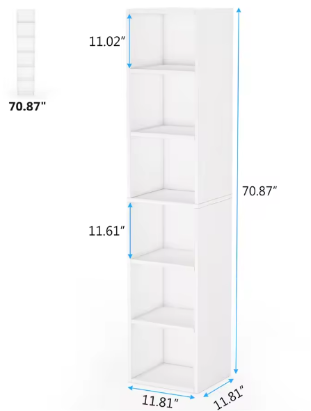 Smalle Boekenkast met 6 Planken – Moderne Witte Hoekkast met Open Kubusdesign en Ruimtebesparende Opbergmogelijkheden