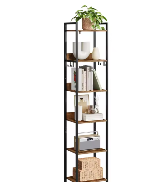 Industriële Ladder Boekenkast met 6 Planken – Vintage Houten Opbergrek met Metalen Frame en 4 Verwijderbare Haken, Vrijstaand Displayrek voor Woonkamer of Kantoor
