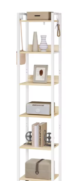 Industriële Ladder Boekenkast met 6 Planken – Vintage Houten Opbergrek met Metalen Frame en 4 Verwijderbare Haken, Vrijstaand Displayrek voor Woonkamer of Kantoor