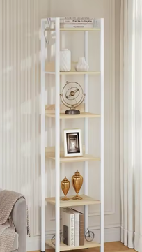 Industriële Ladder Boekenkast met 6 Planken – Vintage Houten Opbergrek met Metalen Frame en 4 Verwijderbare Haken, Vrijstaand Displayrek voor Woonkamer of Kantoor