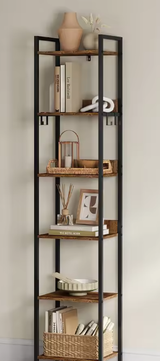 Industriële Ladder Boekenkast met 6 Planken – Vintage Houten Opbergrek met Metalen Frame en 4 Verwijderbare Haken, Vrijstaand Displayrek voor Woonkamer of Kantoor
