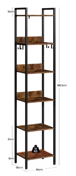 Industriële Ladder Boekenkast met 6 Planken – Vintage Houten Opbergrek met Metalen Frame en 4 Verwijderbare Haken, Vrijstaand Displayrek voor Woonkamer of Kantoor