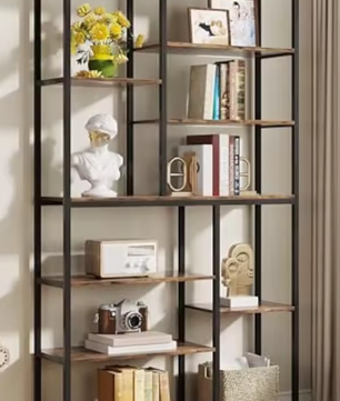 Hoge Boekenkast met 8 Planken – Industriële Houten & Metalen Displayplank voor Woonkamer, Thuis of Kantoor
