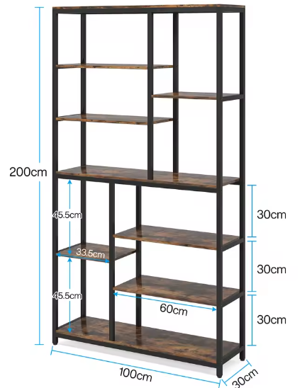 Hoge Boekenkast met 8 Planken – Industriële Houten & Metalen Displayplank voor Woonkamer, Thuis of Kantoor