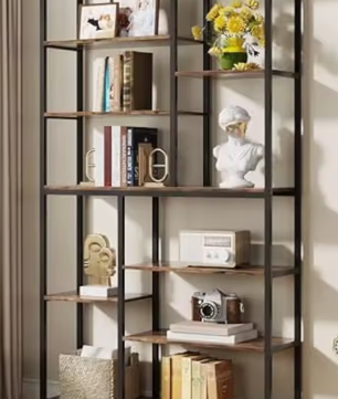 Hoge Boekenkast met 8 Planken – Industriële Houten & Metalen Displayplank voor Woonkamer, Thuis of Kantoor