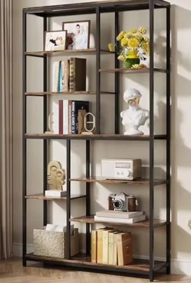 Hoge Boekenkast met 8 Planken – Industriële Houten & Metalen Displayplank voor Woonkamer, Thuis of Kantoor