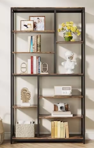 Hoge Boekenkast met 8 Planken – Industriële Houten & Metalen Displayplank voor Woonkamer, Thuis of Kantoor