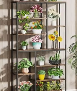 Hoge Boekenkast met 8 Planken – Industriële Houten & Metalen Displayplank voor Woonkamer, Thuis of Kantoor