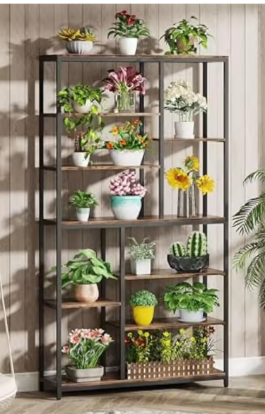 Hoge Boekenkast met 8 Planken – Industriële Houten & Metalen Displayplank voor Woonkamer, Thuis of Kantoor