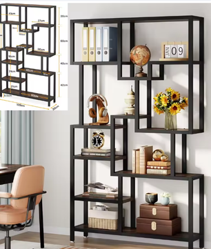 Hoge Boekenkast met 8 Planken – Industriële Houten & Metalen Displayplank voor Woonkamer, Thuis of Kantoor