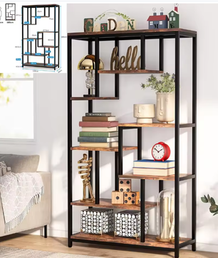 Hoge Boekenkast met 8 Planken – Industriële Houten & Metalen Displayplank voor Woonkamer, Thuis of Kantoor