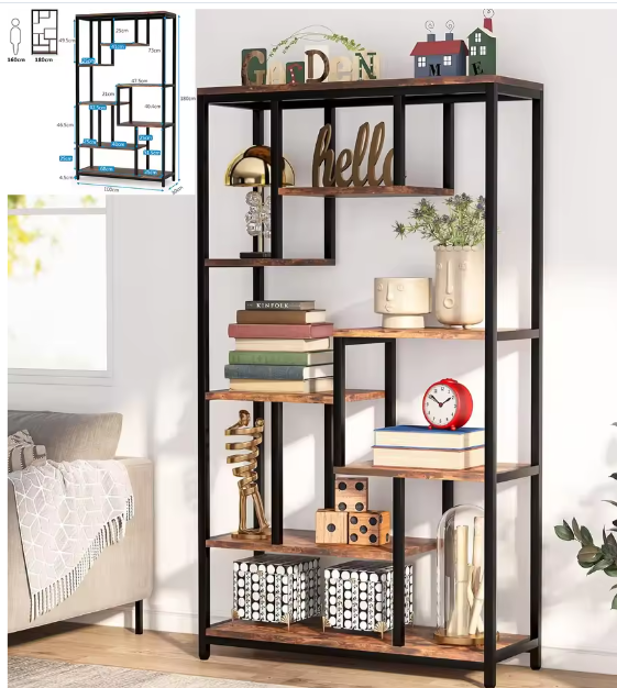 Hoge Boekenkast met 8 Planken – Industriële Houten & Metalen Displayplank voor Woonkamer, Thuis of Kantoor