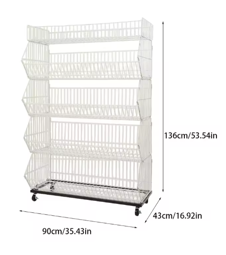 5-Laags Mobiel Opbergmandrek – Draadrek met Afneembare Mand, Wieltjes en Ventilerend Design
