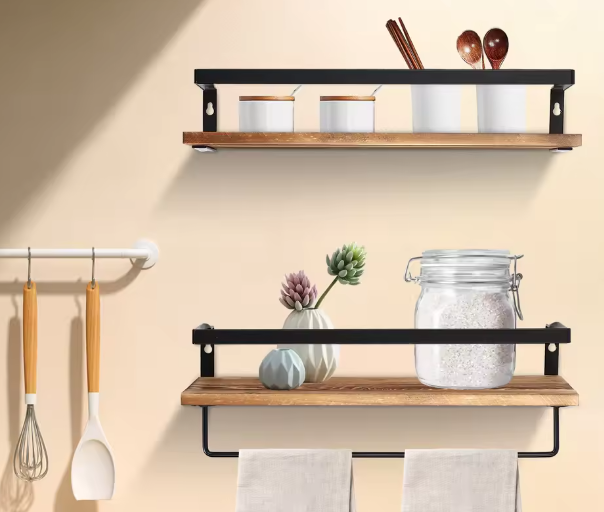 2-Laags Wandplank met Handdoekhouder – Zwevende Opbergplank voor Woonkamer en Kantoor