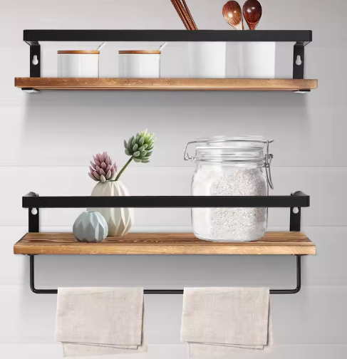 2-Laags Wandplank met Handdoekhouder – Zwevende Opbergplank voor Woonkamer en Kantoor