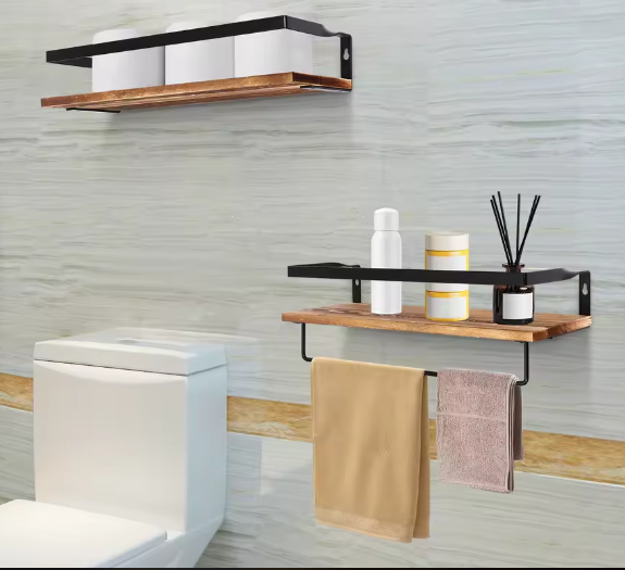 2-Laags Wandplank met Handdoekhouder – Zwevende Opbergplank voor Woonkamer en Kantoor