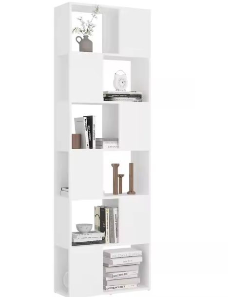 Witte Kamerverdeler Boekenkast – 6-Compartment Open Opbergrek 60x24x186 cm voor Woonkamer en Kantoor