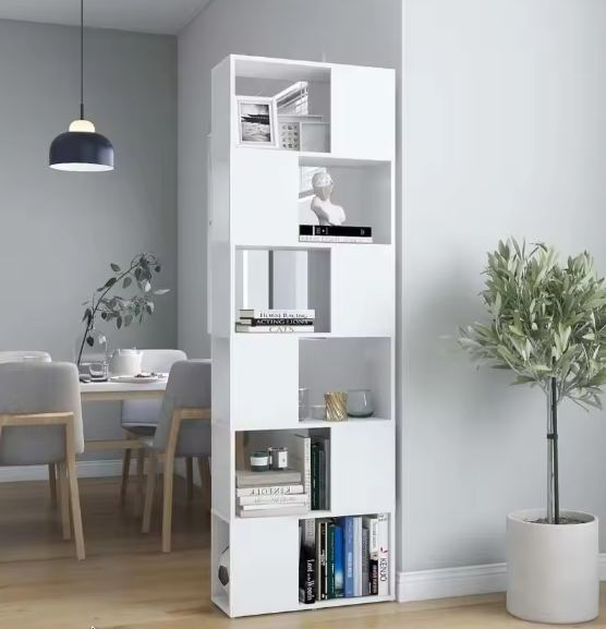 Witte Kamerverdeler Boekenkast – 6-Compartment Open Opbergrek 60x24x186 cm voor Woonkamer en Kantoor