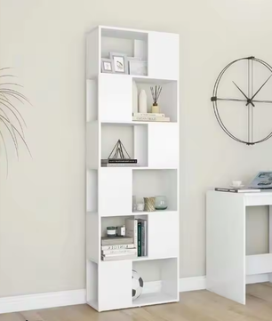 Witte Kamerverdeler Boekenkast – 6-Compartment Open Opbergrek 60x24x186 cm voor Woonkamer en Kantoor