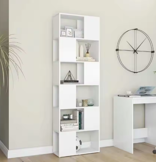 Witte Kamerverdeler Boekenkast – 6-Compartment Open Opbergrek 60x24x186 cm voor Woonkamer en Kantoor