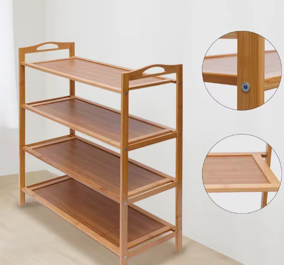 4-laags Bamboe Schoenenrek – Duurzame Houten Opbergplank voor Hal en Woonkamer