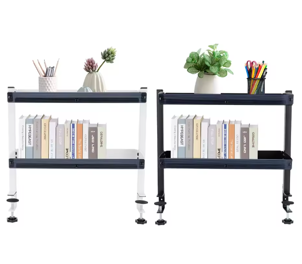 2-laags Clip-On Bureauplank – Verstelbare Opbergbak, Zwart/Wit