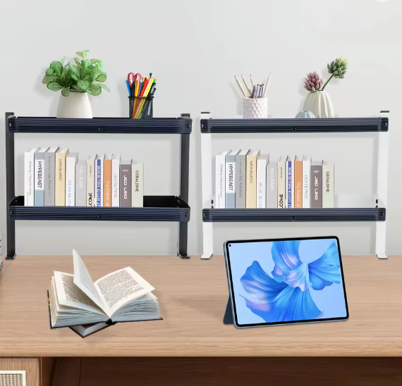 2-laags Clip-On Bureauplank – Verstelbare Opbergbak, Zwart/Wit