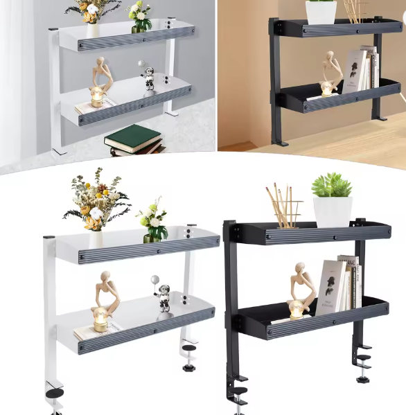 2-laags Clip-On Bureauplank – Verstelbare Opbergbak, Zwart/Wit