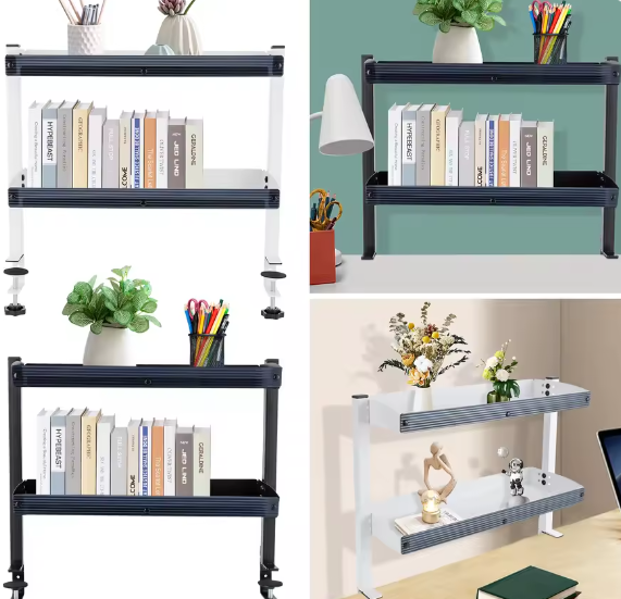 2-laags Clip-On Bureauplank – Verstelbare Opbergbak, Zwart/Wit