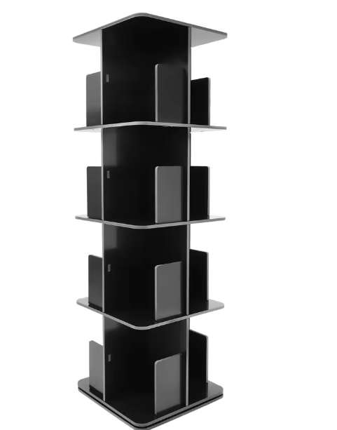 4-laags 360° Roterende Boekenplank – Vrijstaande Vloerstand, Robuust PVC en Roestvrij Stalen Basis, Modern Opbergrek voor Woonkamer, Studeerkamer en Kinderkamer