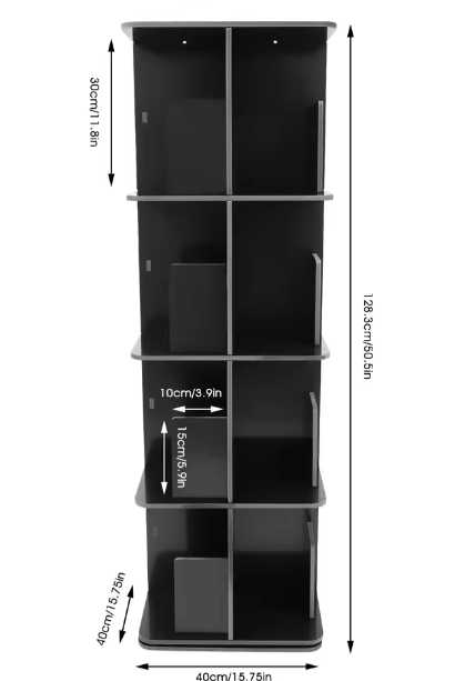 4-laags 360° Roterende Boekenplank – Vrijstaande Vloerstand, Robuust PVC en Roestvrij Stalen Basis, Modern Opbergrek voor Woonkamer, Studeerkamer en Kinderkamer