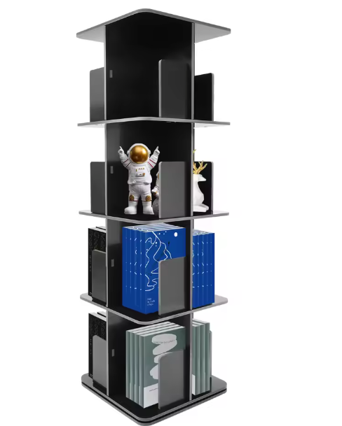 4-laags 360° Roterende Boekenplank – Vrijstaande Vloerstand, Robuust PVC en Roestvrij Stalen Basis, Modern Opbergrek voor Woonkamer, Studeerkamer en Kinderkamer