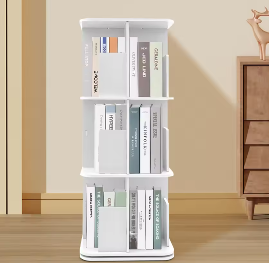 3-laags Draaibare Boekenplank – Moderne Desktop Organizer met 360° Rotatie, Ruimtebesparend Opbergrek van PVC en Roestvrij Staal voor Thuis en Kantoor