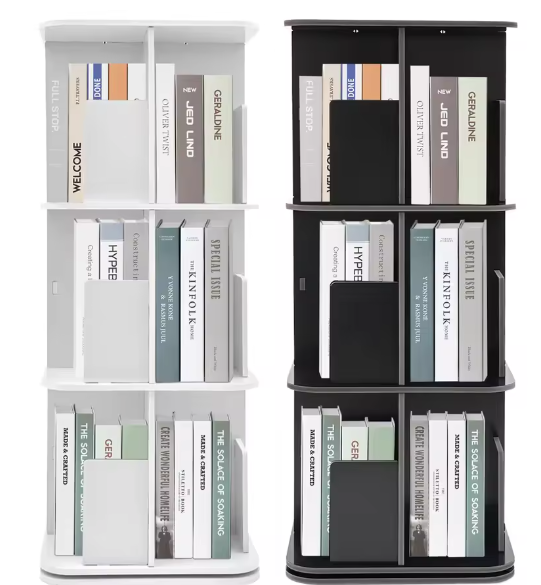 3-laags Draaibare Boekenplank – Moderne Desktop Organizer met 360° Rotatie, Ruimtebesparend Opbergrek van PVC en Roestvrij Staal voor Thuis en Kantoor
