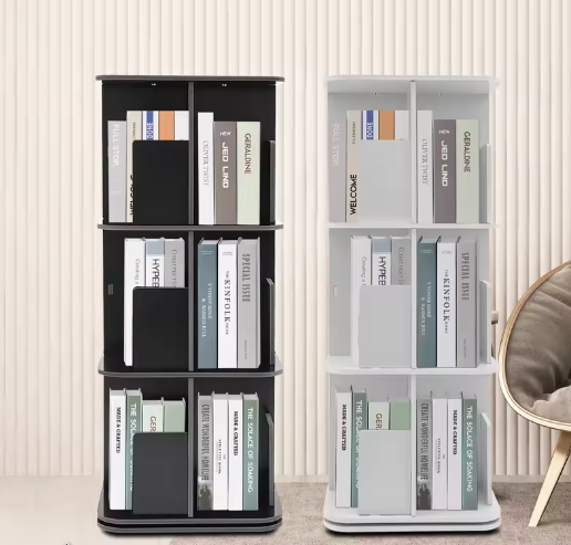 3-laags Draaibare Boekenplank – Moderne Desktop Organizer met 360° Rotatie, Ruimtebesparend Opbergrek van PVC en Roestvrij Staal voor Thuis en Kantoor